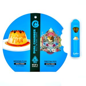 buy Mexican Flan x Cheetah Piss vape, Cookies Dual Chamber Mexican Flan Cheetah Piss pen, hybrid dual-chamber vape, Cookies felony flavor vape, draw-activated dual-chamber pen
